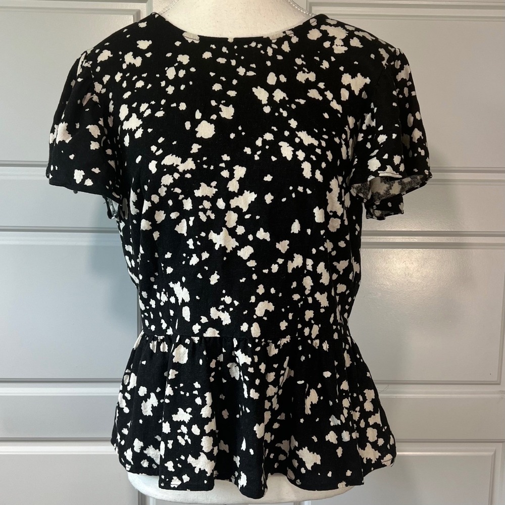 Who What Wear‎ Black White Abstract Print Peplum Top Short Sleeve Womens Size S